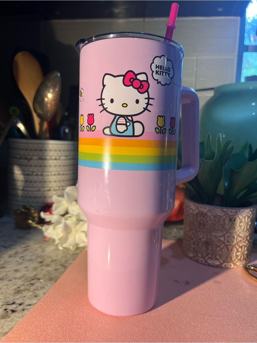 Hello Kitty Pink Rainbow Tulip Travel Mug with Straw, View all pics